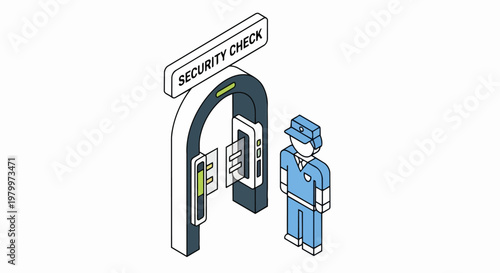 Isometric Security Checkpoint Illustration with Metal Detector Gate and Officer