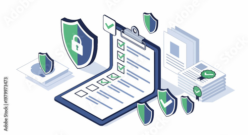 Isometric Data Security and Compliance Checklist Illustration with Protective Shields and Verified Documents