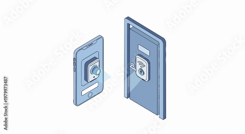 Isometric Smartphone App Unlocking Smart Door Lock with NFC or Bluetooth Technology, Concept of Digital Security and Keyless Entry for Smart Home or Office
