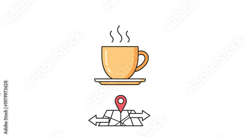 Coffee break and travel planning concept with a steaming cup of tea and a navigation map showing multiple directions.