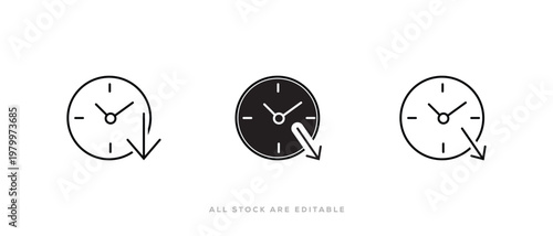 Time management clock line and Silhouette vector icon. Arrow Down Icon Pack for Apps, Web, and UI Design