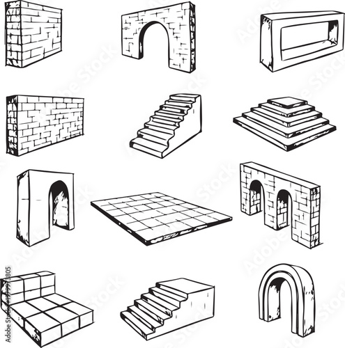Various hand drawn architectural elements like stone walls arches and stairs in isometric view. Vector