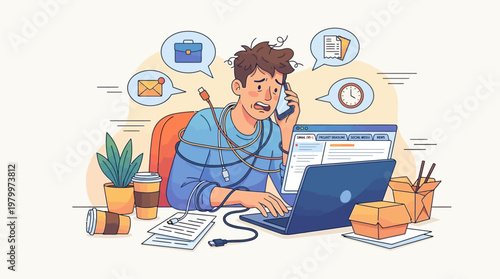 Busy Work from Home Freelancer Experiencing Stress Flat Vector Design