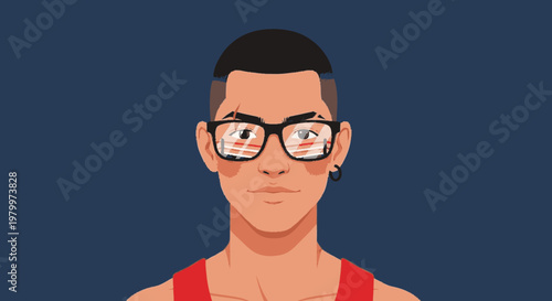 Young adult man with glasses digital illustration on blue background