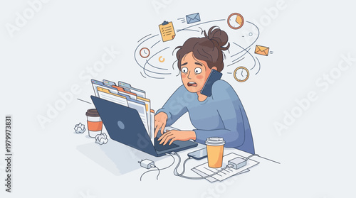 Stressed Digital Worker with Multiple Tabs Open and Phone Illustration
