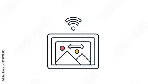 Simple icon design depicts a landscape picture frame with a wireless signal symbol representing digital photo sharing or smart frames.