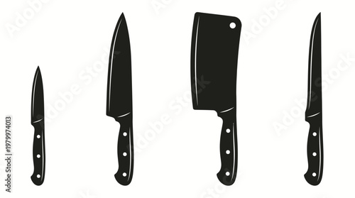 Silhouette set of professional kitchen knives including chef knife and meat cleaver on white background, concept for culinary branding, restaurant menu design and butcher shop marketing