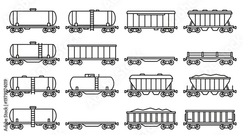 Set of various railway freight wagon line icons including tanker, hopper and flatbed cars for cargo shipment, concept for logistics planning, industrial distribution and railway infographics