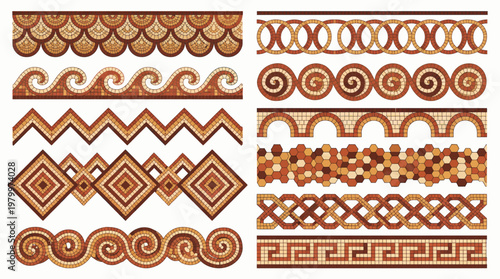 Collection of ancient roman mosaic border patterns with geometric shapes and Greek key designs on white background, concept for architectural decoration, antique frames and cultural ornament