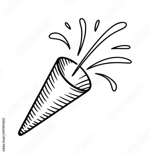 Hand-drawn black and white of a party popper exploding with confetti celebration