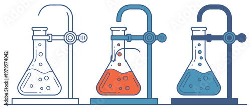 Three stylized laboratory flasks on stands with bubbling liquid, chemistry science experiment icon set, research and chemical analysis symbols, clean modern isolated vector illustration.
