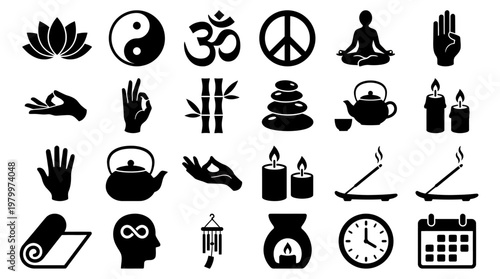 Black meditation symbols set with lotus flower, yin yang, zen stones and candles, concept for executive stress relief, corporate manager wellness and office worker mental health training