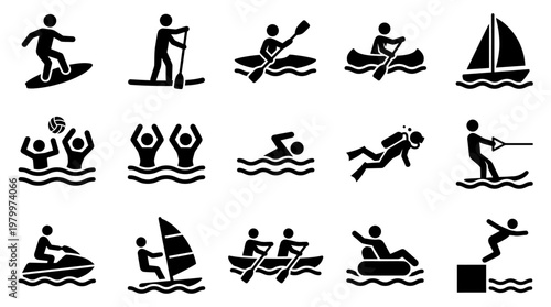 Set of black stick figure icons showing business managers in water sports activities like surfing and rowing, concept for corporate team building, executive retreats and office work balance