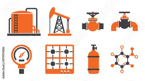 Industrial oil and gas production icons with storage tank pumpjack valves pressure gauge and gas cylinder, concept for energy infrastructure petrochemical engineering and fuel industry