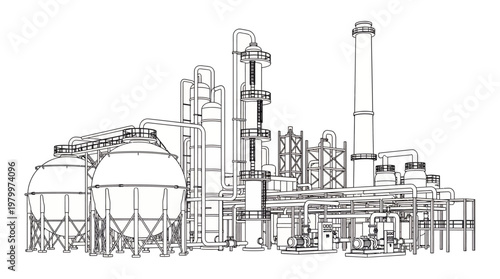 Detailed outline of chemical refinery plant with distillation towers and spherical tanks on white background, concept for engineering blueprint, industrial project and factory development