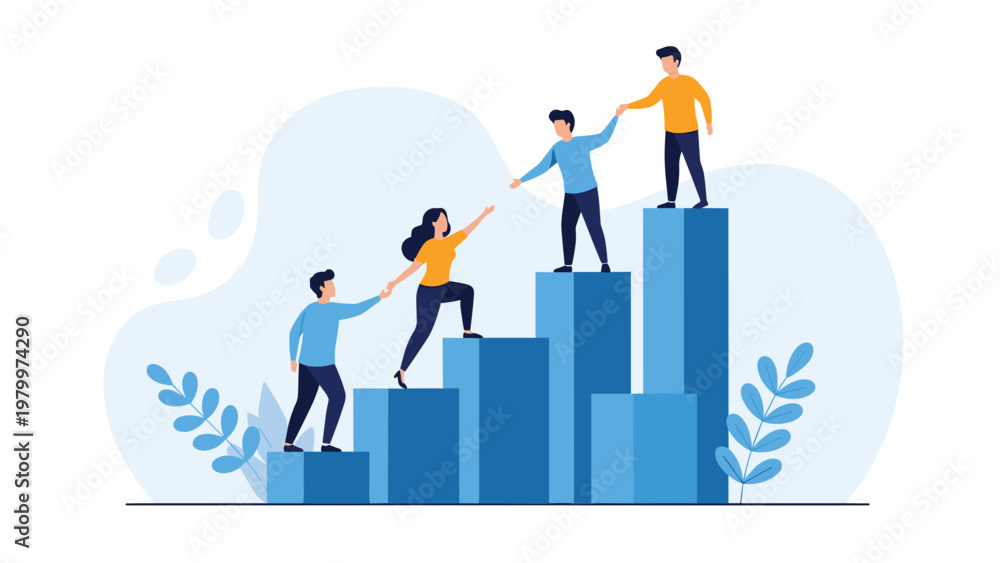 Fototapeta premium Motivated team members help each other climb up a rising bar graph representing mutual support and shared success in business growth.