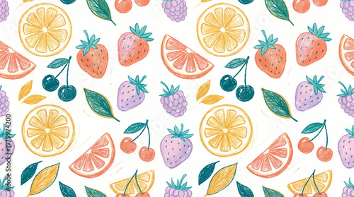 Hand drawn seamless pattern of mixed fruits with strawberry citrus cherry and raspberry in crayon style on white background, concept for textile design, wallpaper and organic food packaging
