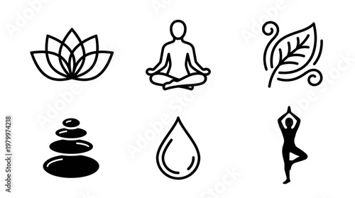 Collection of minimalist icons showing lotus, yoga poses and zen stones for marketing manager wellness, concept for corporate health program, executive stress management and mental health