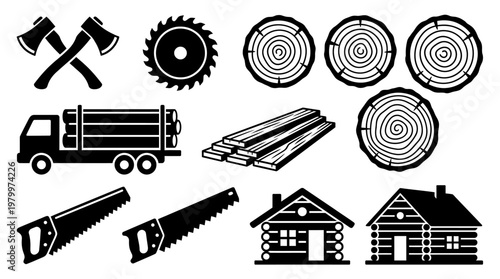 Woodworking and timber industry silhouette icons including axe saw truck log cabin and planks on white background, concept for carpentry branding, forestry marketing and industrial design
