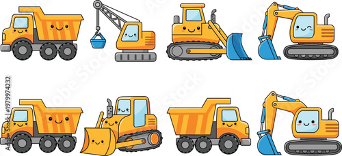 Cute construction vehicles vector set with smiling faces including excavator bulldozer dump truck and heavy machinery cartoon illustration
