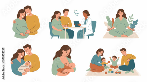 set of flat vector illustrations depicting stages of pregnancy, prenatal consultation, newborn care, breastfeeding and happy family life, concept for parental education, healthcare and blogs