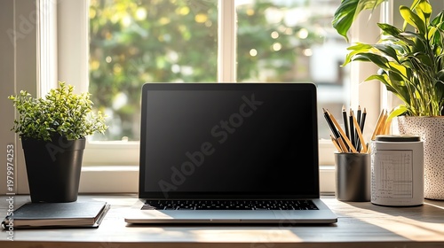 Bright workspace with laptop, plants, and natural light. A cozy, productive setup for work or study.