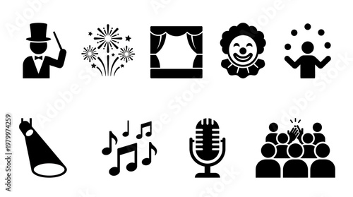 Black silhouette icons of performers including creative director juggler and event manager magician with stage and audience, concept for corporate leadership, team management and branding