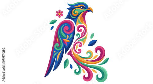 Carnival plume raptor rendered in electric magenta sapphire jade and gold swirls radiating tropical exuberance folk ornament and jubilant motion through a vivid feathered dreamform
