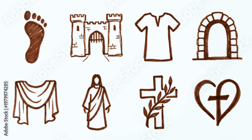 Collection of hand drawn christian religious icons featuring Jesus cross castle and footprint on white background, concept for easter celebration, religious education and biblical storytelling