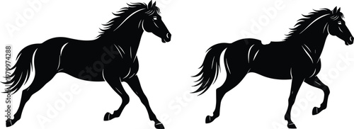 Running horse silhouettes set, galloping equine animals, black vector illustration isolated on white background, dynamic motion, farm ranch wildlife design