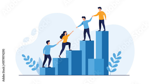 Motivated team members help each other climb up a rising bar graph representing mutual support and shared success in business growth.