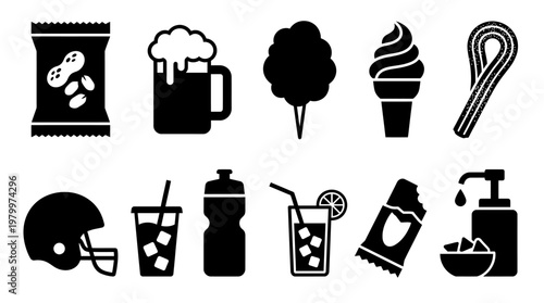 Black silhouettes of various stadium food and snacks including peanuts beer ice cream churros and drinks, concept for concession stand menu, sports event branding and festival catering marketing