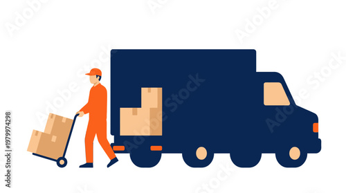 Professional logistics officer in orange uniform pushing hand truck with cardboard boxes near large blue delivery van, concept for courier management, express distribution and freight shipping