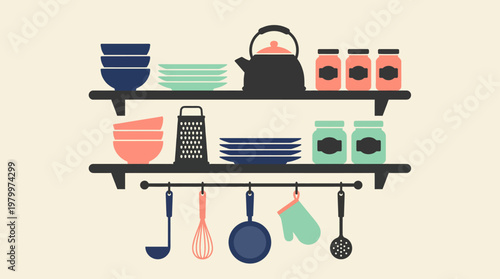 Illustration of kitchen shelves with organized colorful bowls plates kettle jars and hanging cooking utensils on wall, concept for home interior decor, food blog and restaurant branding design