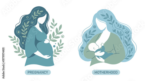 Elegant vector illustration of a professional manager during pregnancy and breastfeeding a baby, concept for maternity leave policy, working mother support and employee wellness insurance