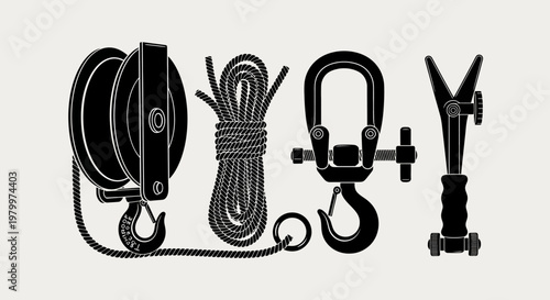 Industrial Heavy Lifting Rigging Equipment and Pulley Hoist System - High Quality Adobe Illustrator Vector