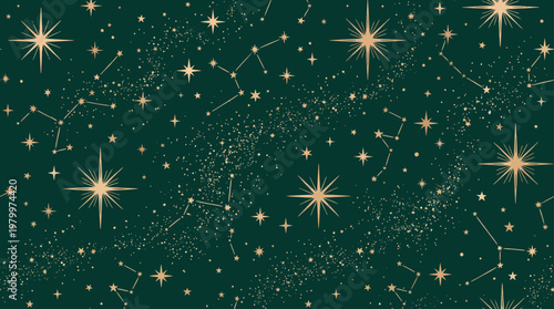 Elegant seamless pattern with golden constellations and shiny stars on a deep green background, concept for luxury wrapping paper, celestial textile design and magical astronomical wallpaper
