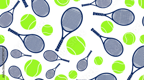 Seamless pattern illustration of blue tennis rackets and lime green balls on white background, concept for sportswear design, athletic equipment and tournament promotional materials