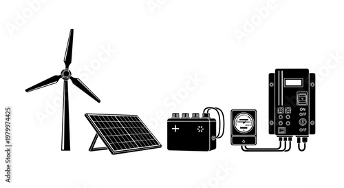 Renewable Green Energy Set with Solar Panel Wind Turbine and Battery Storage System - High Quality Adobe Illustrator Vector