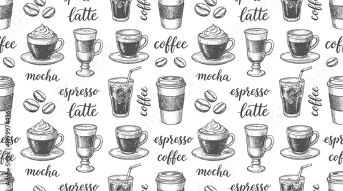 Seamless pattern with hand drawn coffee cups beans and calligraphy lettering on white background, concept for restaurant wallpaper cafe menu design and bakery packaging