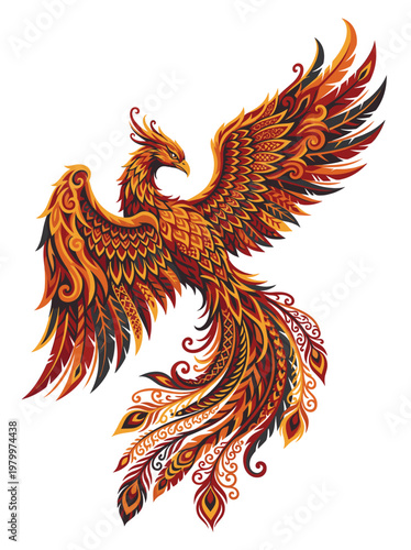 Embercrest phoenix unfurling in molten amber scarlet and obsidian plumage where flame carved feathers ritual motion and ancient rebirth converge in a sovereign celestial firebird