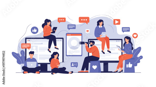 Collaborative digital workspace shows several people interacting with large screens and social media icons for community management.