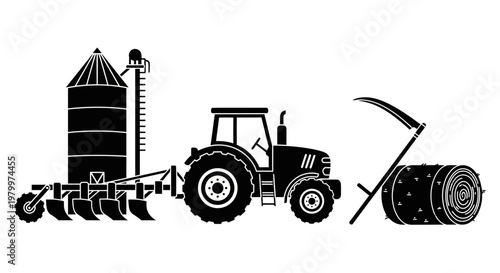 Industrial Agriculture Tractor with Grain Silo and Hay Baling Equipment - High Quality Adobe Illustrator Vector