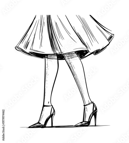 Of woman's legs in heels and flowy skirt, walking white background, fashion shoes