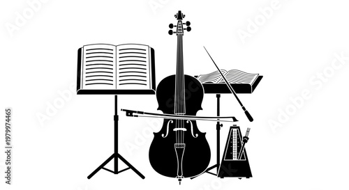 Classical Music Orchestra Set with Cello Sheet Music Stand and Metronome - High Quality Adobe Illustrator Vector
