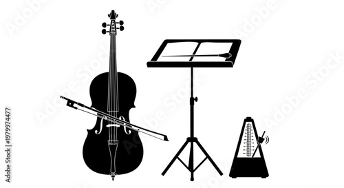 Classical Cello with Bow Music Stand and Metronome Silhouette Set - Adobe Illustrator Vector