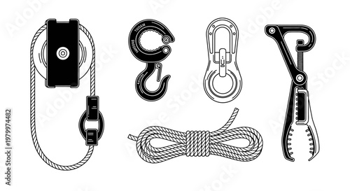 Industrial Lifting Equipment Set with Pulley Rope Hooks and Climbing Carabiner - Adobe Illustrator Vector