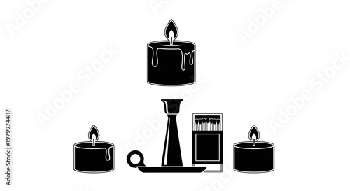 Romantic Burning Candles Set with Matchbox and Elegant Candlestick Holder - Adobe Illustrator Vector