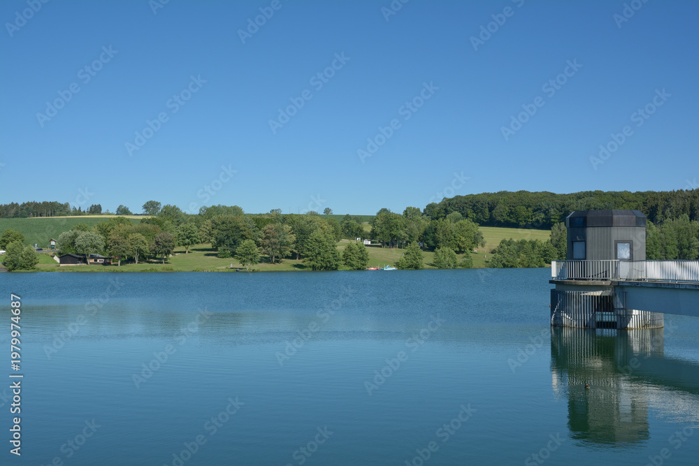 Fototapeta premium Stauanlage Weilerbach also Lake Freilinger See,the Eifel close to Blankenheim,Germany