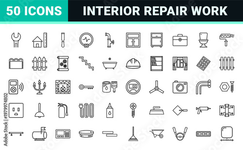 Minimalist home repair and interior design line icon set